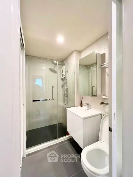 Modern bathroom with sleek shower and elegant fixtures