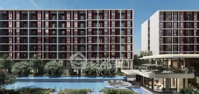 Modern apartment complex with pool and lush landscaping, offering luxury living and contemporary design.