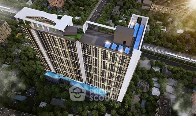 Stunning aerial view of modern high-rise building with rooftop pool and lush surroundings.