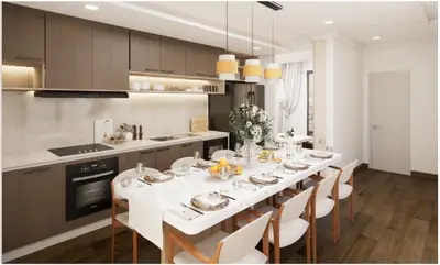 Modern kitchen with elegant dining setup and sleek appliances