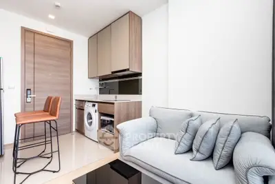 Modern apartment interior with compact kitchen and cozy living area featuring a washing machine and stylish decor.