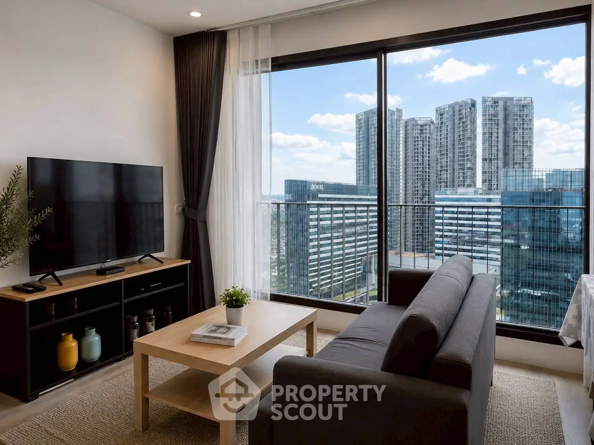 Modern living room with stunning city view from large windows, featuring sleek furniture and stylish decor.