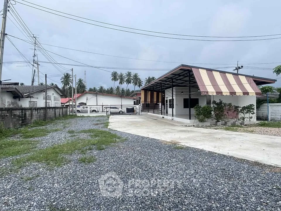 Charming single-story home with spacious driveway and tropical surroundings.