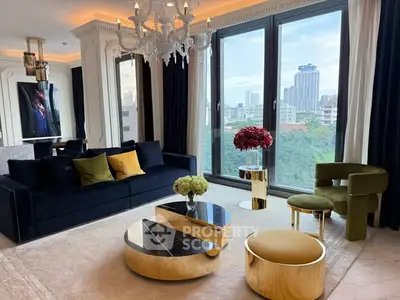 Luxurious living room with elegant decor and stunning city view, featuring plush seating and modern accents.