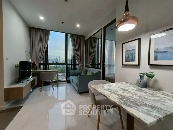 Modern living room with marble dining table and city view