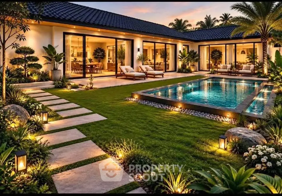 Luxurious modern villa with stunning pool and lush garden, perfect for serene living and entertaining.