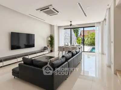 Luxurious living room with modern furniture and pool view, perfect for relaxation and entertainment.