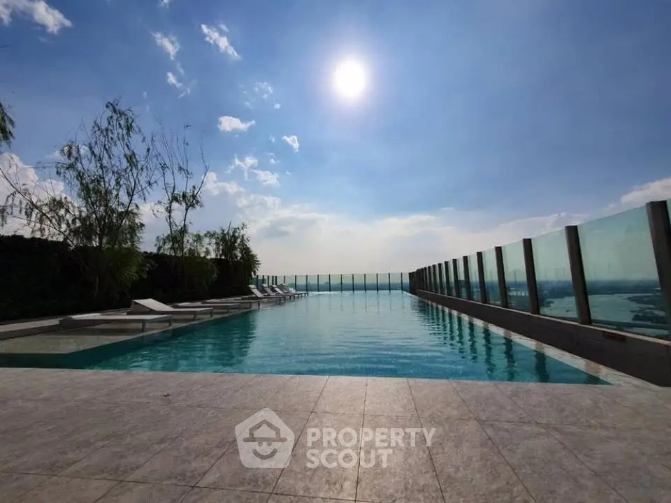 Stunning rooftop pool with panoramic city views under a clear blue sky.