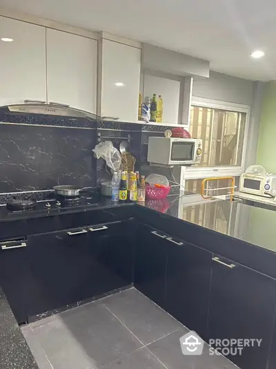 Modern kitchen with sleek black cabinets and marble backsplash