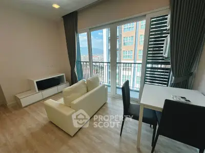 Modern living room with balcony view in urban apartment