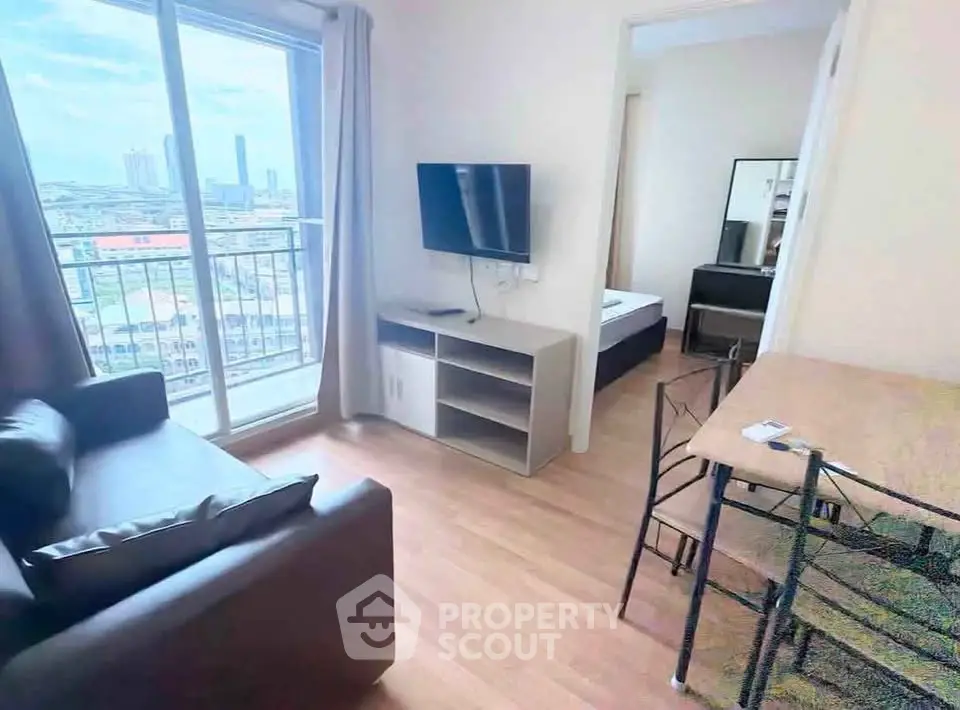 Modern apartment living room with city view and cozy furnishings