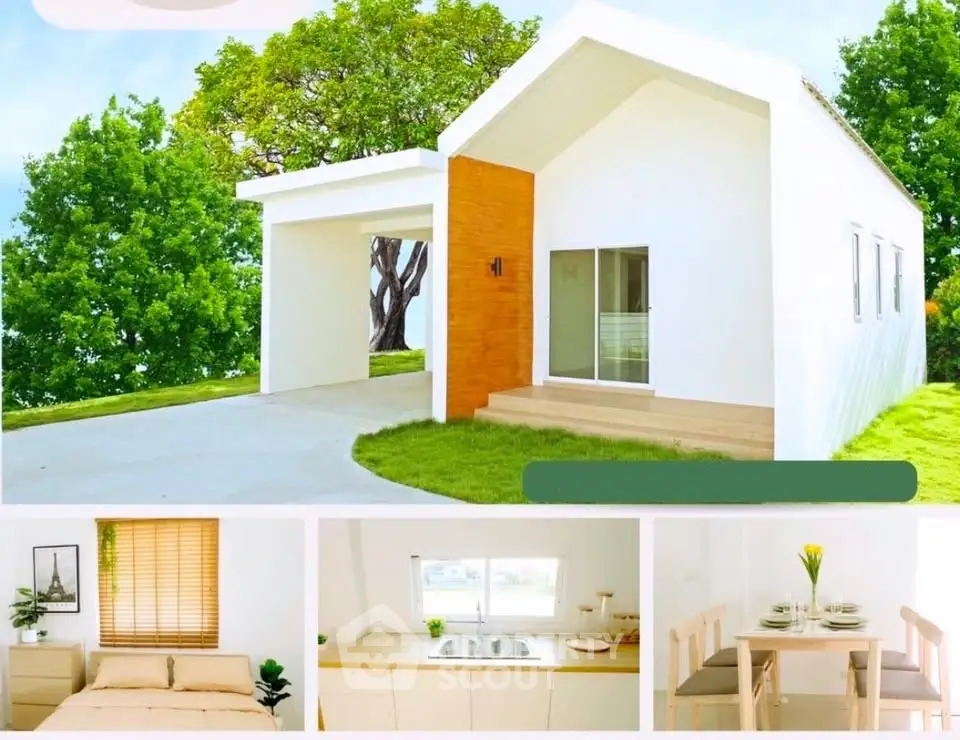 Charming modern white house with lush greenery, cozy bedroom, sleek kitchen, and elegant dining area.