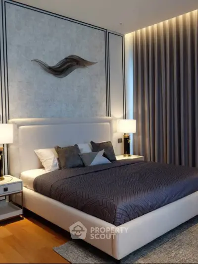 Luxurious modern bedroom with elegant decor and ambient lighting