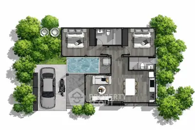 Modern architectural floor plan with two bedrooms, open living area, and outdoor pool surrounded by lush greenery.
