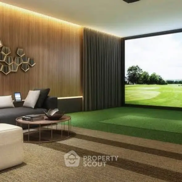 Luxurious living room with golf course view and modern decor