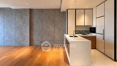 Modern kitchen with sleek cabinetry and open layout in luxury apartment