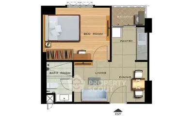 Modern apartment floor plan with bedroom, living area, and balcony.