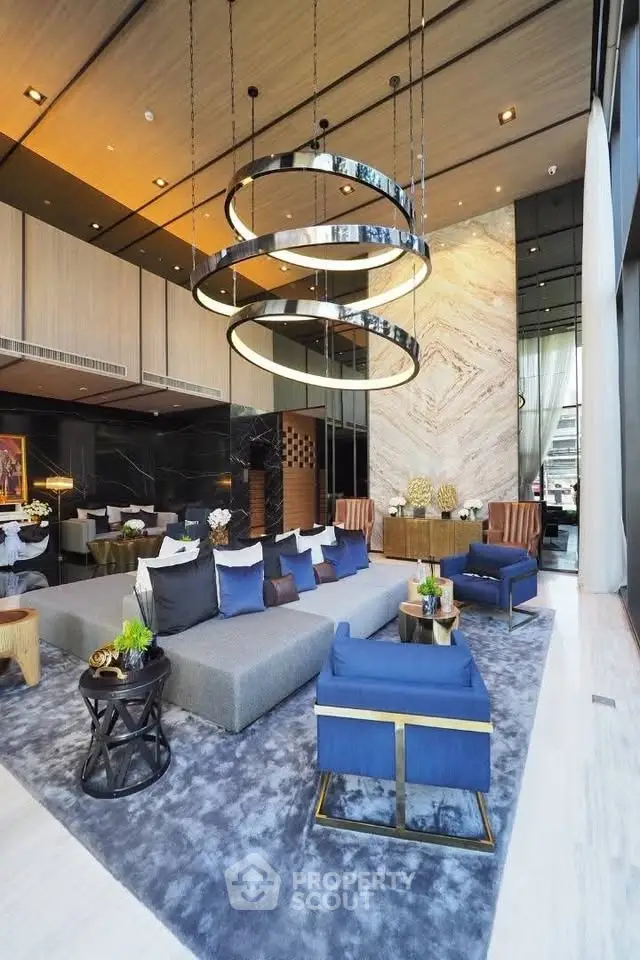 Luxurious modern living room with high ceilings and elegant decor