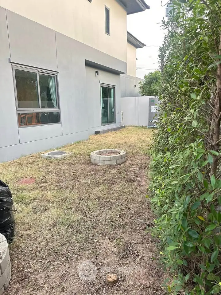 Charming backyard with privacy hedge and fire pit in modern home