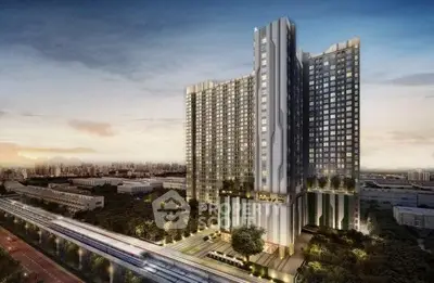 Stunning high-rise building with modern architecture and cityscape view at sunset.