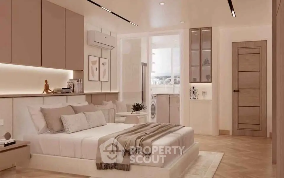 Luxurious bedroom with modern decor and city view, featuring elegant furnishings and ambient lighting.