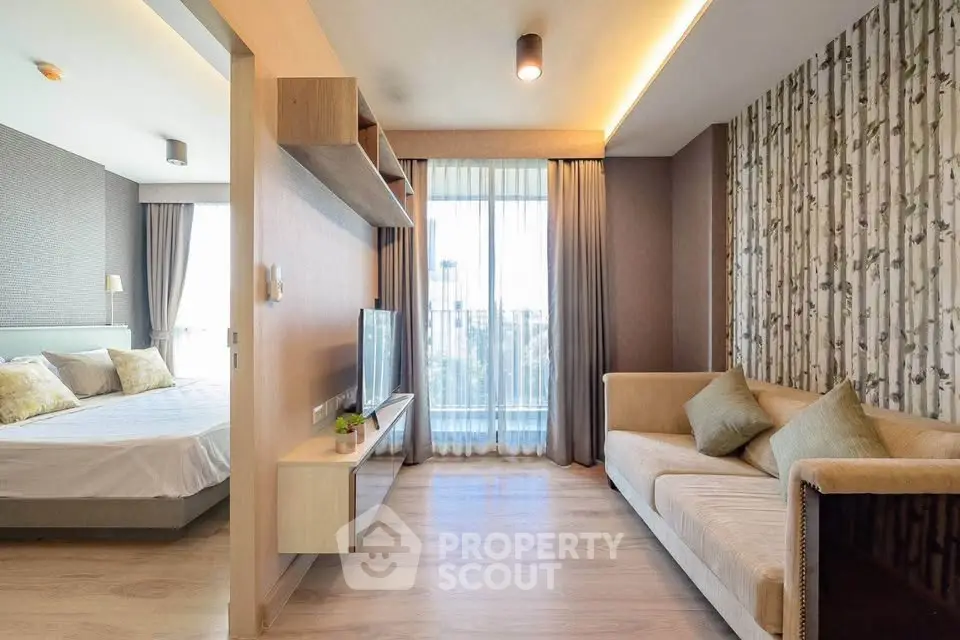 Modern apartment interior with stylish living room and cozy bedroom