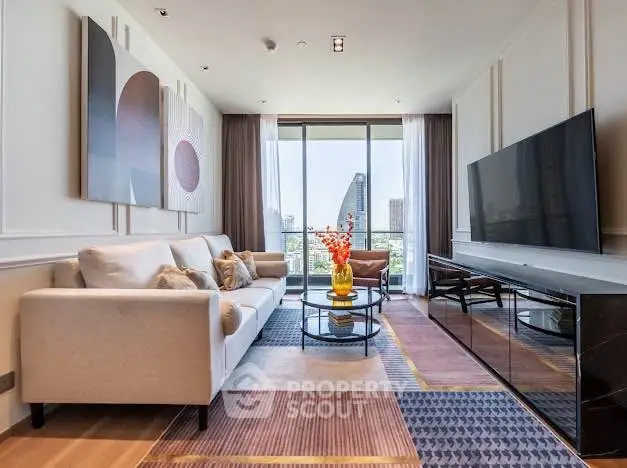 Luxurious living room with modern decor and stunning city view through large windows.