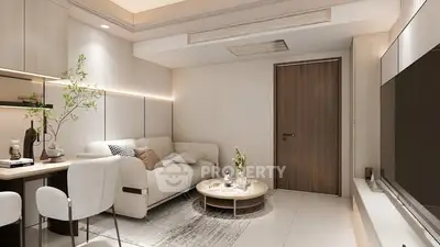 Modern living room with cozy sofa and stylish decor