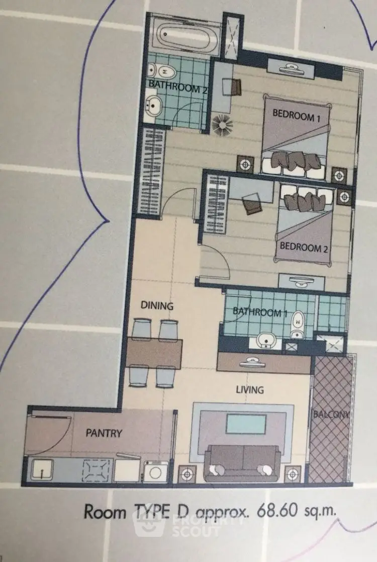 Explore this spacious 68.60 sq.m. apartment layout with two bedrooms, two bathrooms, and a cozy living area.