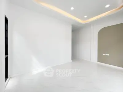 Modern minimalist interior with sleek white tiles and recessed lighting