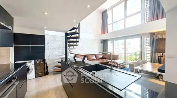 Stunning modern living room with spiral staircase and large windows offering city views.