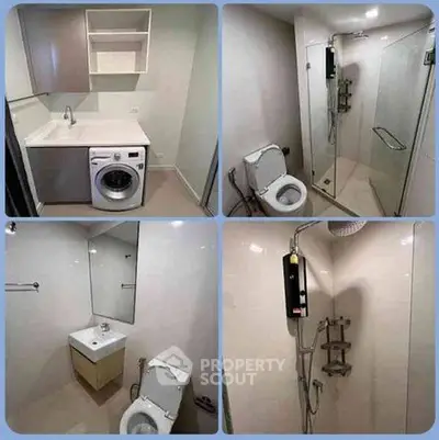 Compact bathroom with washing machine, shower, and modern fixtures in a sleek design.