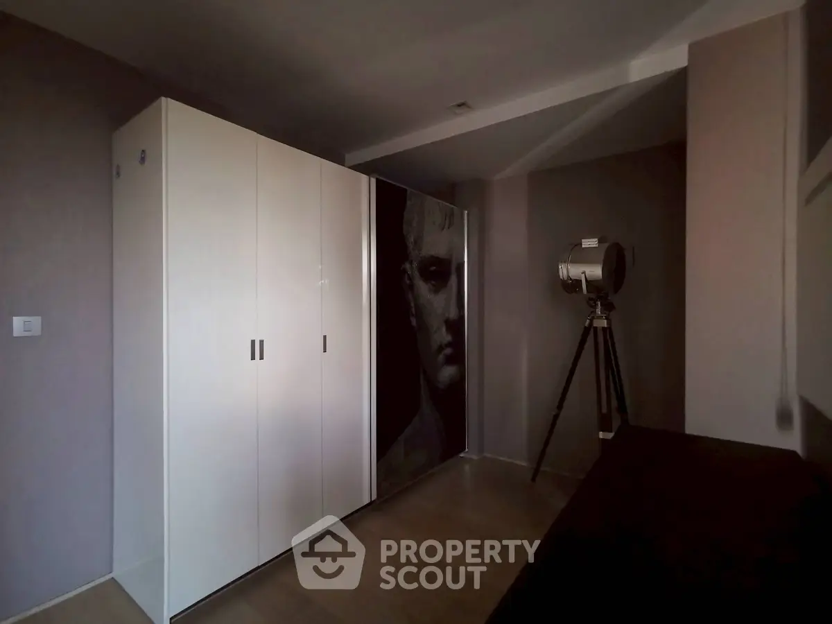 Modern study room with stylish decor and unique art piece