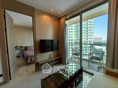 Modern living room with balcony view in high-rise apartment