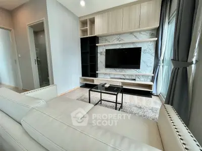 Modern living room with elegant marble TV wall and cozy seating area