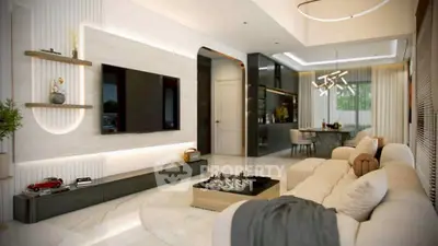 Luxurious modern living room with elegant decor and open layout, perfect for stylish living.