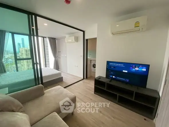 Modern apartment living room with open view and stylish furniture