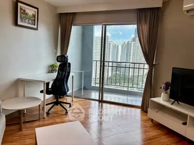 Modern living room with balcony view in high-rise apartment