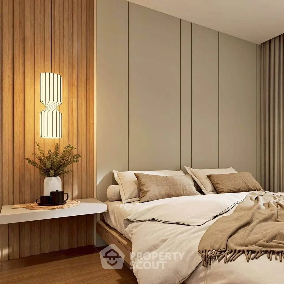 Luxurious modern bedroom with elegant wood paneling and cozy bedding