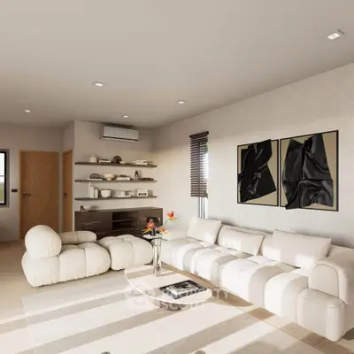 Modern living room with elegant white sofa and stylish decor