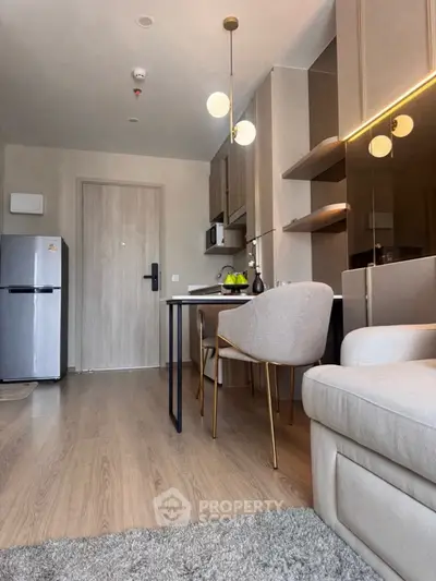 Modern apartment interior with cozy living area and stylish kitchen