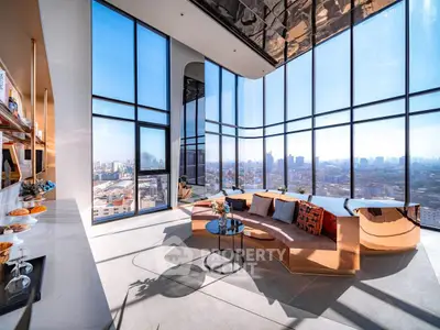 Luxurious modern living room with panoramic city views and stylish decor
