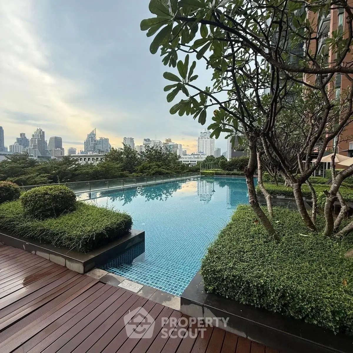 Luxurious rooftop pool with stunning city skyline view and lush greenery.