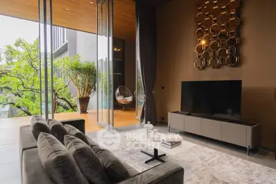 Luxurious living room with modern decor and expansive balcony view