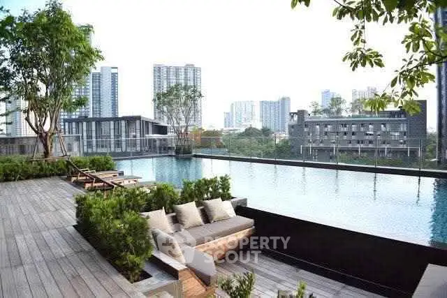 Luxurious rooftop pool with city skyline view and stylish seating area.