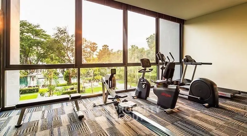 Spacious gym with modern equipment and scenic garden view through large windows.