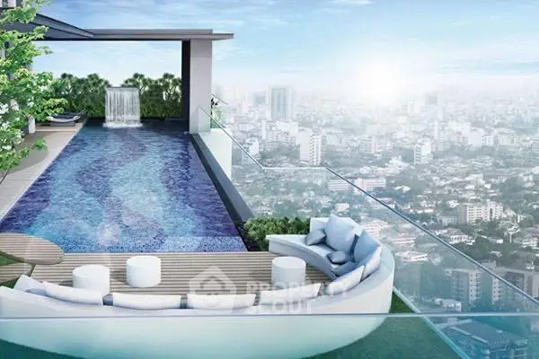 Luxurious rooftop pool with stunning city view and modern seating area.
