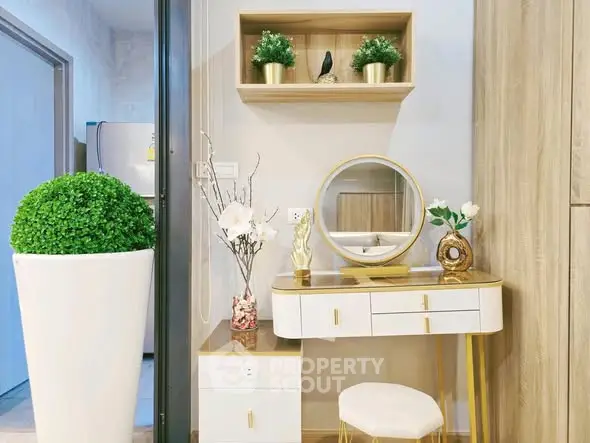 Stylish modern vanity area with elegant decor and mirror in a chic apartment