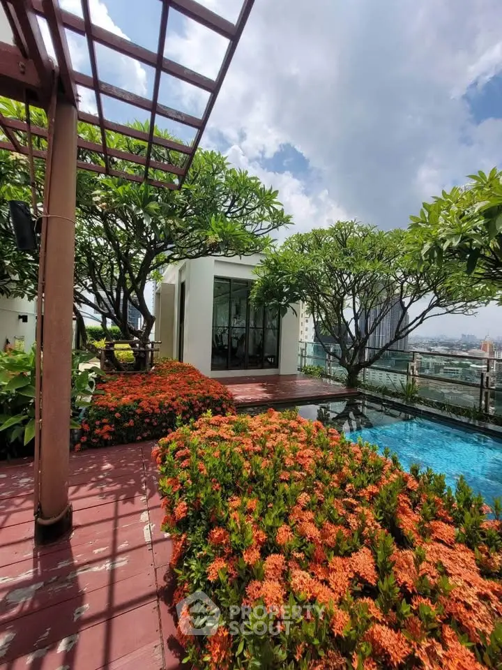 Stunning rooftop garden with pool and city view, perfect for urban relaxation and luxury living.