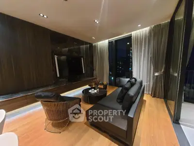 Luxurious modern living room with floor-to-ceiling windows and elegant furnishings, offering stunning city views.